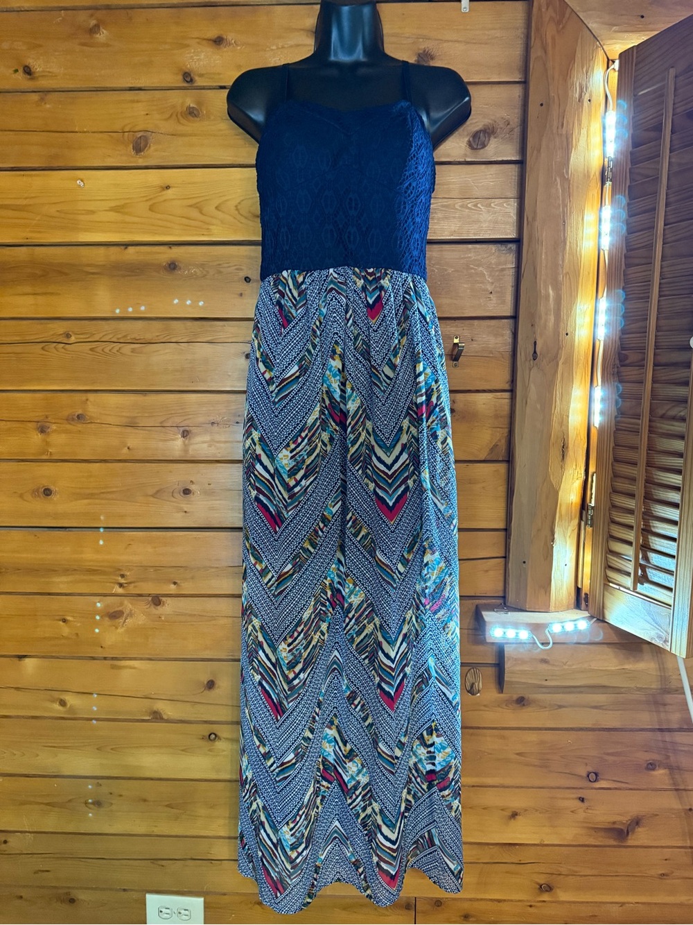 Lily Rose Navy Blue Lace Boho Geometric Chevron Mixed Media Maxi Dress Medium